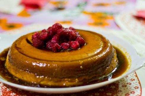 Creme caramel Latin Flan with Raspberries