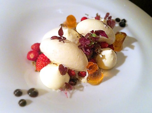 Deconstructed Cheesecake: Goats milk fromage blanc and crème fraiche cheese cake, black sesame crumb, fresh strawberries geranium ice cream, caramel and shiso jellies