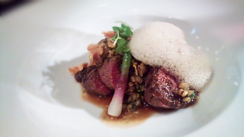 Char grilled miso beef tenderloin, nameko mushroom, braised barley, smoked bone marrow miso mustard, white Barletta onions, garlic chips